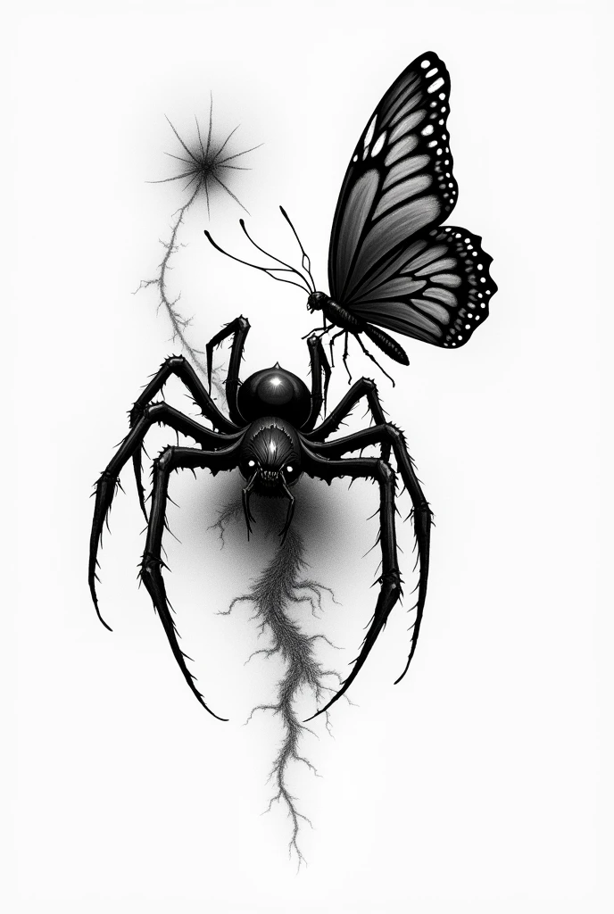 spider and a butterfly design for a black and white tattoo where these 2 animals are