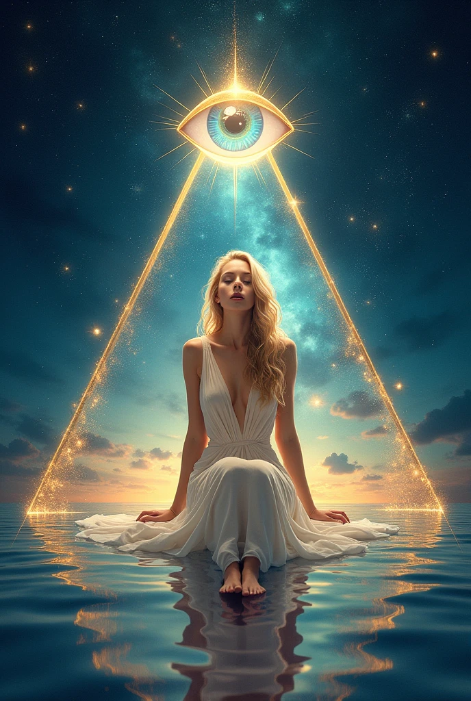 label for beer "MONJE OF SKY":
central character: A beautiful blonde woman in an elegant dress, sitting and barefoot.
Symbolic Element: The woman is located inside an equilateral triangle, that stands out in the design.
bottom: A starry night sky, using light and soft colors.
Mystical element: in the sky, There is a second smaller equilateral triangle with an eye in the center (in the style "All-seeing eye").