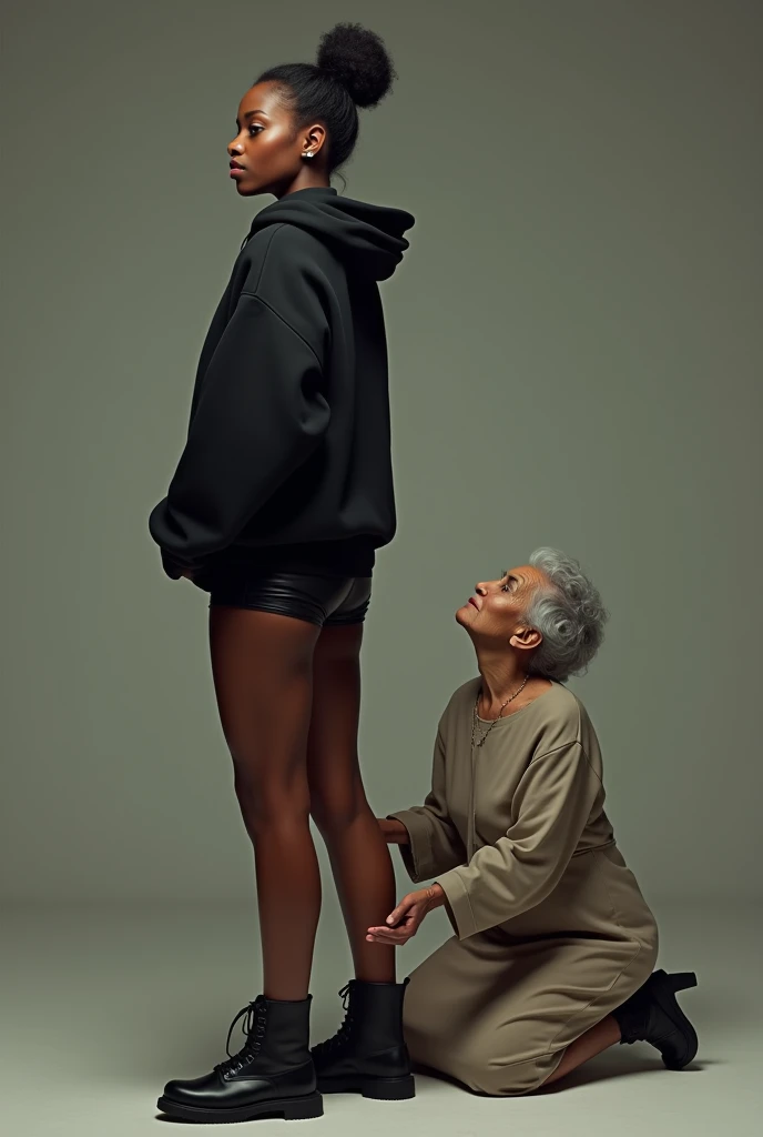 black woman hair in a bun black hoodie   black pvc short shorts   a old grandma in a dress on her knees kissing her ass behind her


       