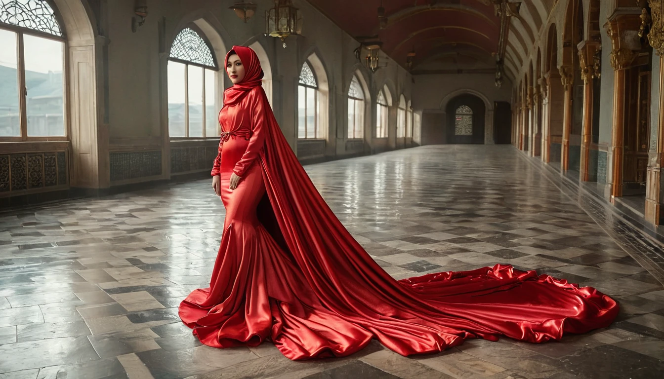 A woman shrouded in a 10-meter-long, plush red satin cloth, tightly bound and grandly draping along the form of her body, flowing off into a pooled floor-length train, styled in a mermaid-inspired outfit, her head modestly veiled in a satin hijab, tall woman, outdoor, a full-body pose conveying a sense of mysterious elegance, captured in a 4k resolution, ultra-realistic