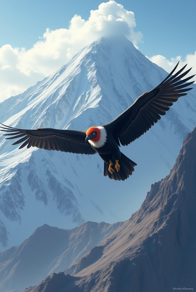 Create a condor flying over a snowy volcano
