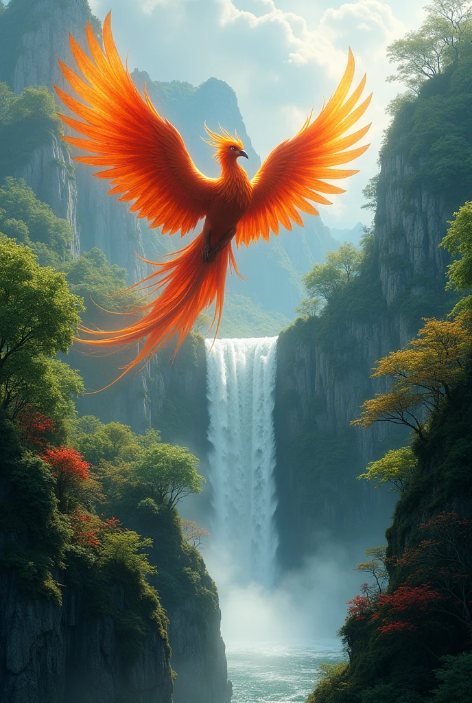 mountain forest, waterfall, phoenix