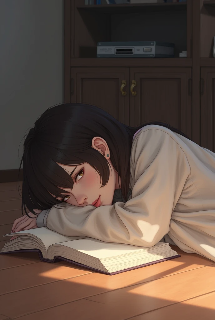 girl face down sleeping on the floor with a book
