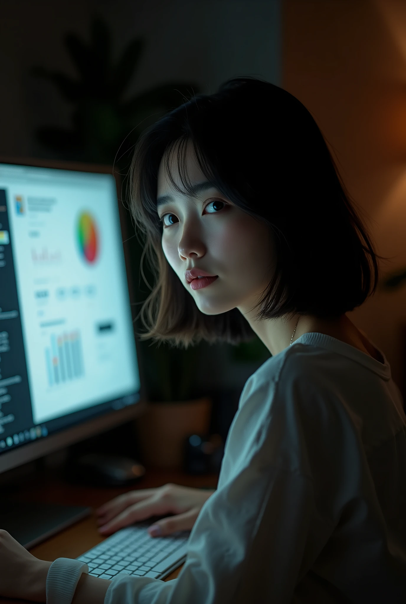 Best Quality,masutepiece,hight resolution,Beautiful eyes,Detailed background,[Backlighting],(Face lighting),[Close View:0.8],(8K、Raw photography、top-quality、​masterpiece:1.2)、(realisitic、Photorealsitic:1.37)、ultra-detailliert、profetional lighting、Sony A7R4、Zessie 50mm f1.8、Rembrandt Lighting（Rembrandt lighting）best quality, 1girl, short hair, (black hair:1.3), sitting, (computer in front:1.2), slightly smiling, from behind, dim lighting, detailed face
