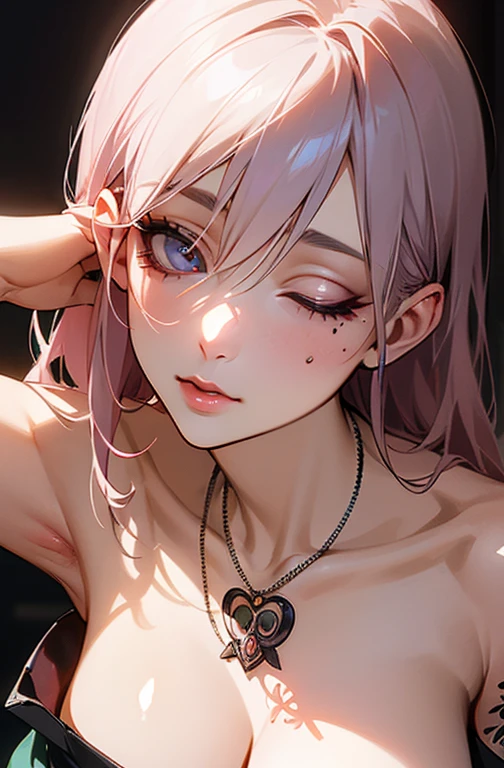Cool women、sexy、Center of chest、Rize from Chainsaw Man、beauty、Yandere、、Face close-up、Kiss with your eyes closed、Chest tattoo、Christian Dior Necklace、(Background white)、