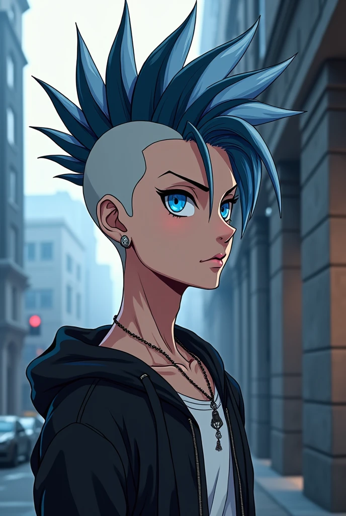 anime styling/drawing of a thin man with white skin, blue colored eyes, Mohawk with alternating colors between white and dark blue, punk style