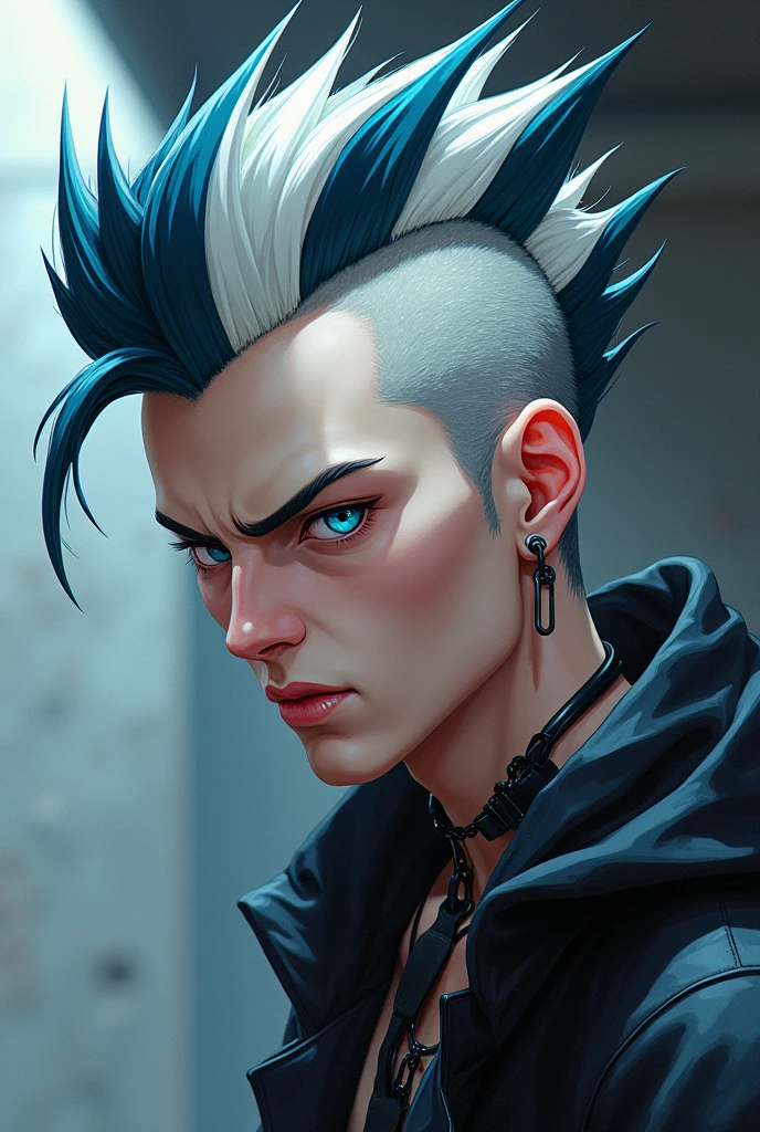 anime styling/drawing of a thin man with white skin, blue colored eyes, Mohawk with alternating colors between white and dark blue, punk style