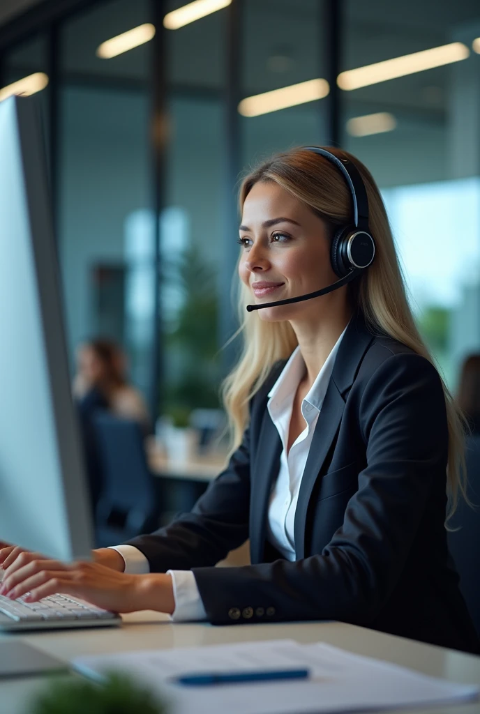 Take me a picture of a sales consultant at a desk next to her monitor with headphones and a microphone on her head.