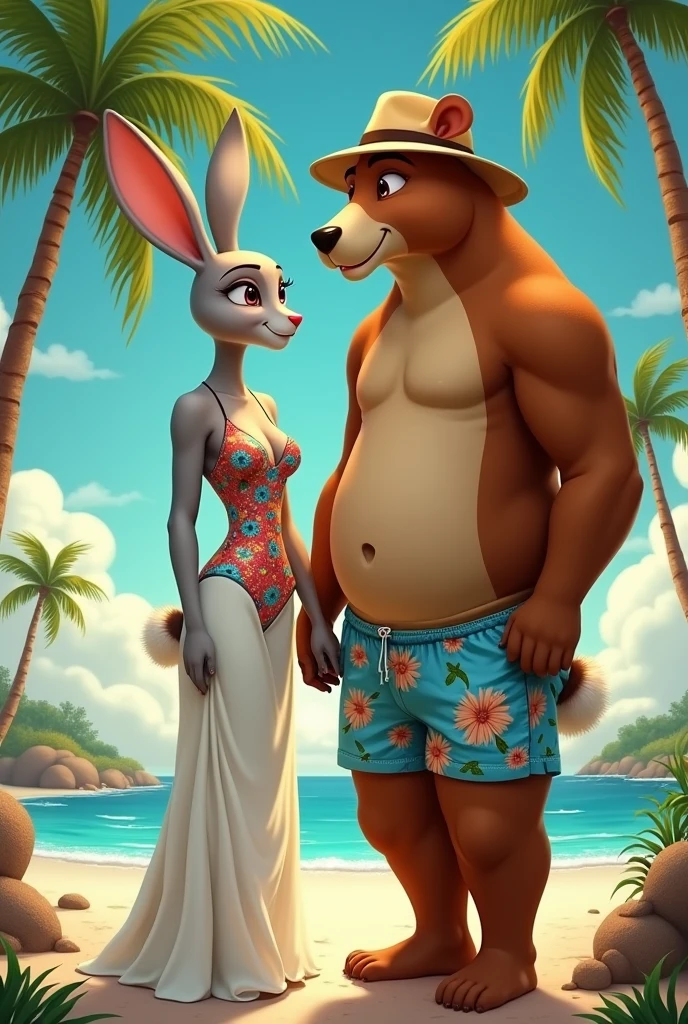 Coneja adoliscente ALTA, sexy body GREY COLOR stop WITH swimsuit with long white skirt and white blouse, IN, Ojos marronis claros, EN INN PAISAJE playero, istilo Disney , palms, Coloris cálidos, is. Greg Rutkowski, by Alphonse Mucha. Next to the rabbit is a tall brown bear., slim build with light eyes, pantaloneta color azul con floris, camisa de floris con ropa de playa y sombrero playero. holding hands in a relaxed pose. 