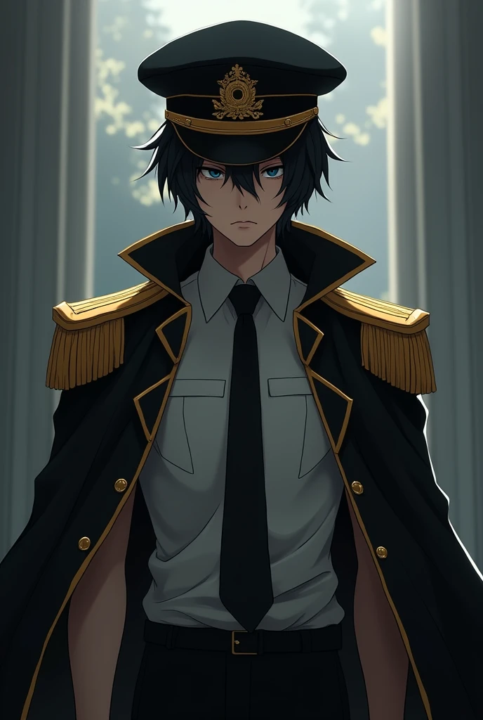 depressed teen captain anime with a black and gold Black Captain Jacket with a white t-shirt inside and a black tie and gold captain hat the face is covered with shadow and the Black gold Captain's Cloak hanging on the back