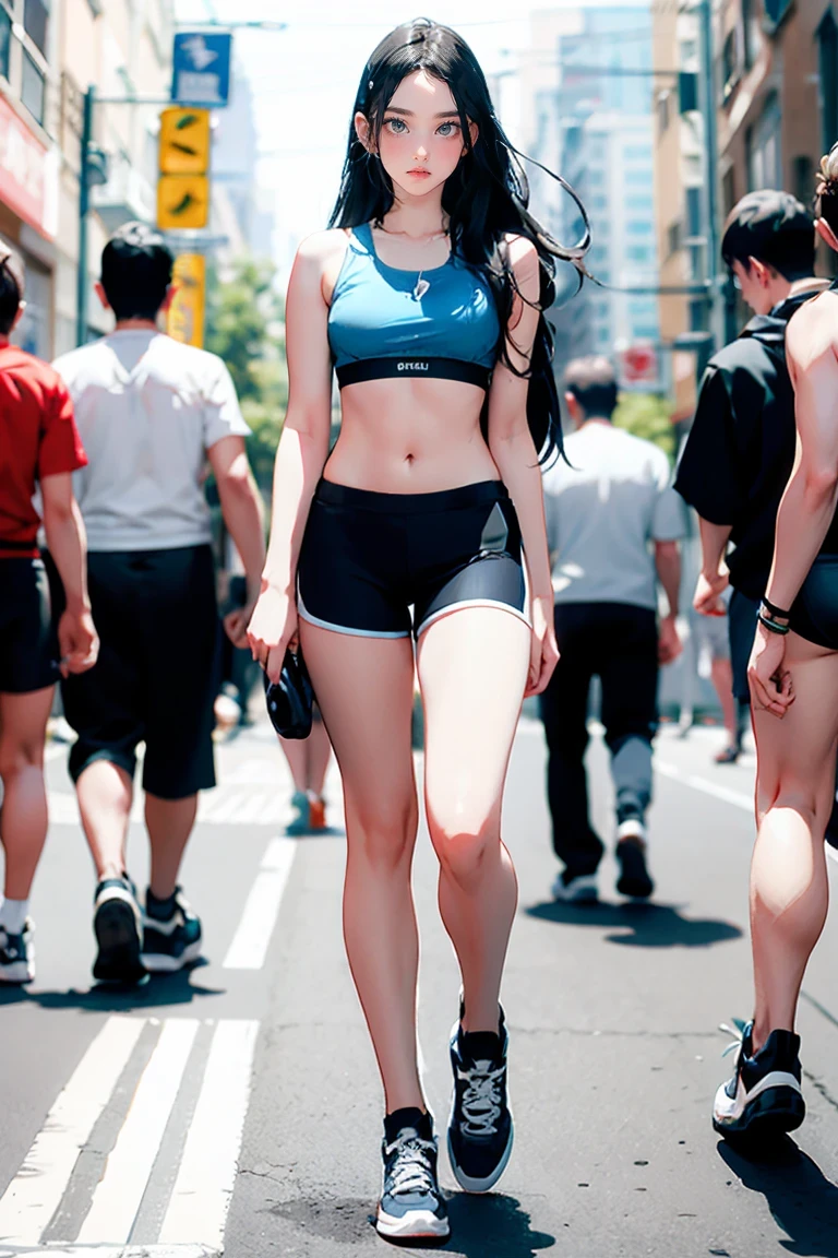 Large Breasts, Sexy 25 year old woman, Blue Long Hair, Sports bra and shorts, Small shorts, boy shorts, Spandex Shorts, Short shorts, knee high shoes下, below the knee shoes下, athletic stripes (shoes下), Snakes,shoes, sneakers, Are standing, Photo pose, Frivolous, whole body, Crowded street, Good quality, 4K, masterpiece, pin up