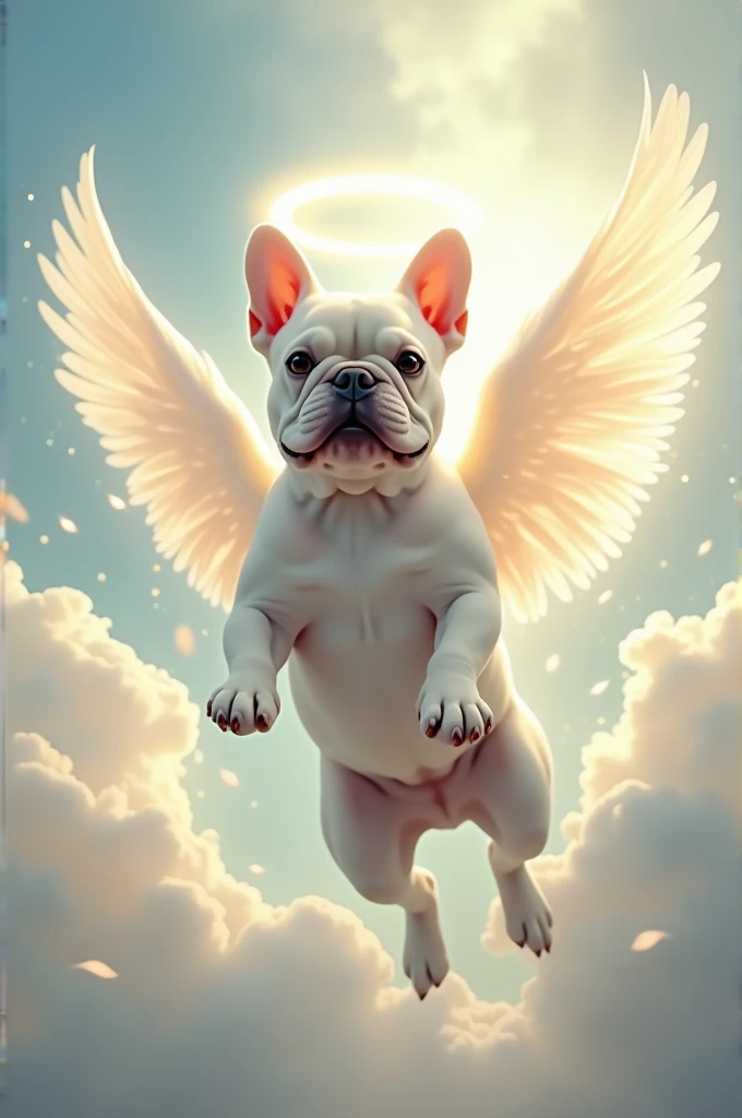 White and cream French bulldog jumping in the sky as an angel in remembrance of the desth