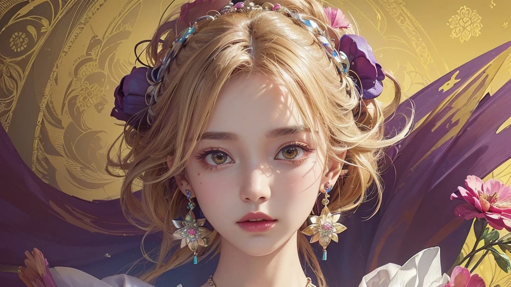 32K, 最高quality, 最高masterpiece, (ultra-Detailed Background, Detailed Background), High resolution, Super detailed, Very detailedな, 1 personの, (bouquet:1.3), (Tangled:1.2), (Geometric:1.2),(colorful),(masterpiece, quality, best quality, Official Art, Beautiful and beautiful:1.2), (1 person:1.3), Very detailed,(colorful:1.1)(Flowers:1.3),Most detailed,(Tangled:1.2), whole body, (Abstract background:1.3), (Skin glows), (Many colors:1.4), ,(Earrings Jewelry:1.5), Pale yellow background, It's imaginative., Milk tea colored hair, Updo,