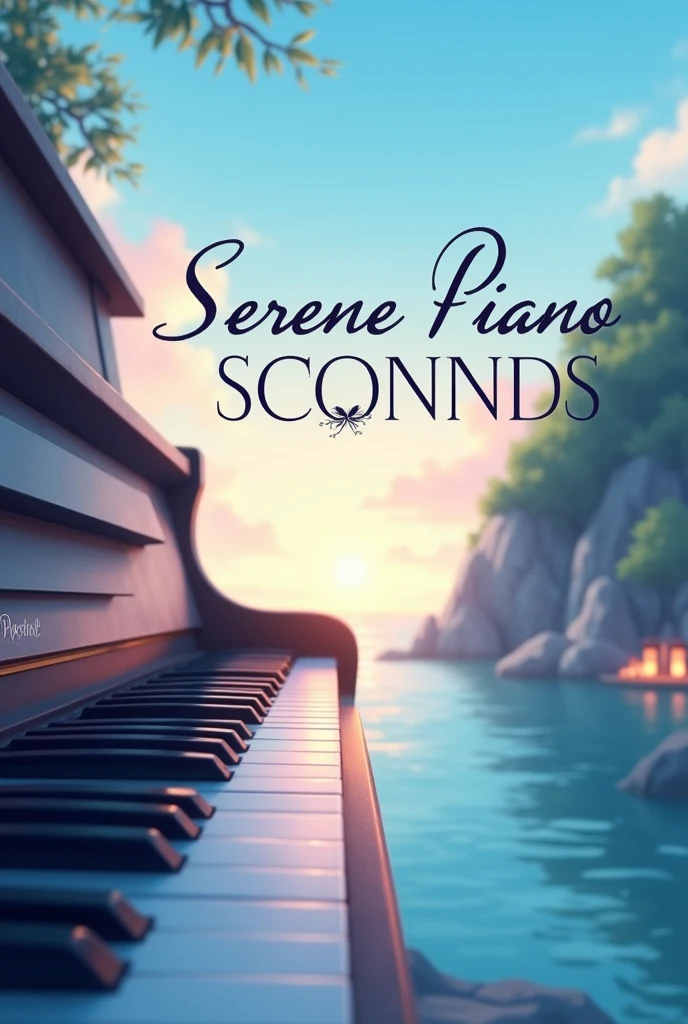 "A serene and calming anime-style YouTube channel banner for 'Serene Piano Sounds'. The image should be designed for a wide and narrow banner format. The background should feature a tranquil anime scene, such as a soft sunset over a gentle sea or a serene forest with glowing lanterns. Include a beautifully illustrated anime-style piano or keyboard in the foreground. Use pastel colors like light blue, mint green, and soft lavender to create a soothing atmosphere. The text 'Serene Piano Sounds' should be prominently displayed in an elegant, anime-style font, centered or slightly off-center, with a subtle glow or decorative accents to ensure it stands out against the calm background."