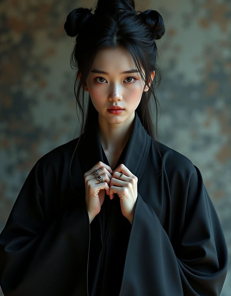 (Fidelity: 1.4), ((Black Hanfu)), Big Sleeves, Small Rings, Kan Tashi, Mole Under Eyes, Denim Lens, Bokeh, Perspective Shortening, Negative Space, Chiaroscuro, Depth of Field, Ray Tracing, Masterpiece, Anatomically Correct, Textured Skin, Best Quality, 8K, Ultra HD, Ccurate