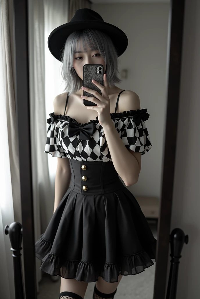 highly detailed, beautiful, hyper Realistic girl, masterpiece, best quality, Japanese sexy gravure Instagrammer, 28-years-old, identity hidden, all body shot, , takes a selfie in her room using a smartphone in front of a mirror with one hand, fashion model Posing, standing, looking away from the camera, /// gray arranged hair, light color eyes, Realistic skin, Detailed face, /// sexy Pierrot Costume, Opt for a fitted corset bodice with black and white diamond patterns, accentuating the waist, Layer with a ruffled, off-the-shoulder blouse in contrasting black and white hues, adorned with oversized bows for a whimsical touch, Pair with high-waisted black skirt, featuring exaggerated ruffles or pleats for added volume and drama, Accessorize with black and white striped stockings or tights, and patent leather ankle boots with oversized buckles for a modern twist on classic clown footwear, arranged gray hair, /// Monotone simple modern taste single room, mirror, complicated background