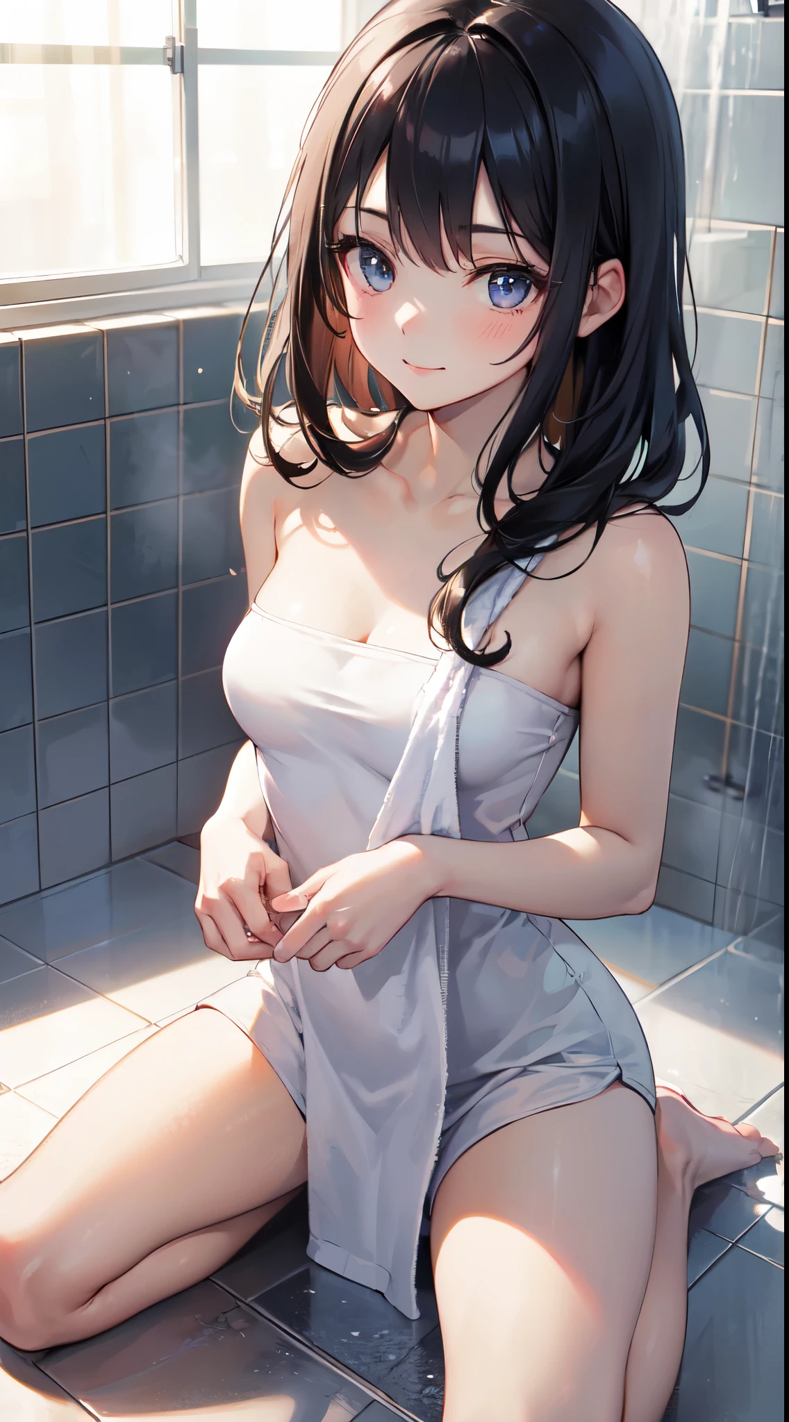 ((Masterpiece)), (((highest quality)))), ((Ultra detail)), (Ultra realistic), (Highly detailed CG illustrations), (Very delicate and beautiful), (A beautiful girl is kneeling down in a shower room), (near a bathtub), (with a bath towel wrapped around her nude breasts), (white large towel tied on her breasts), (1girl), (solo), (slim and slender), (small breasts), (She is looking up with an attractive face), light smile, light blush, long black hair, beautiful hair