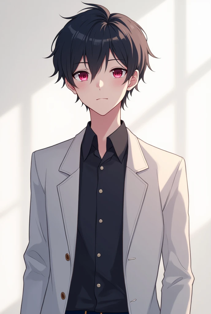 Create a Young Male, dark haired and pink eyed, with a calm and beautiful expression. He is wearing a white jacket with a dark shirt. Make it in 2D anime style drawing
