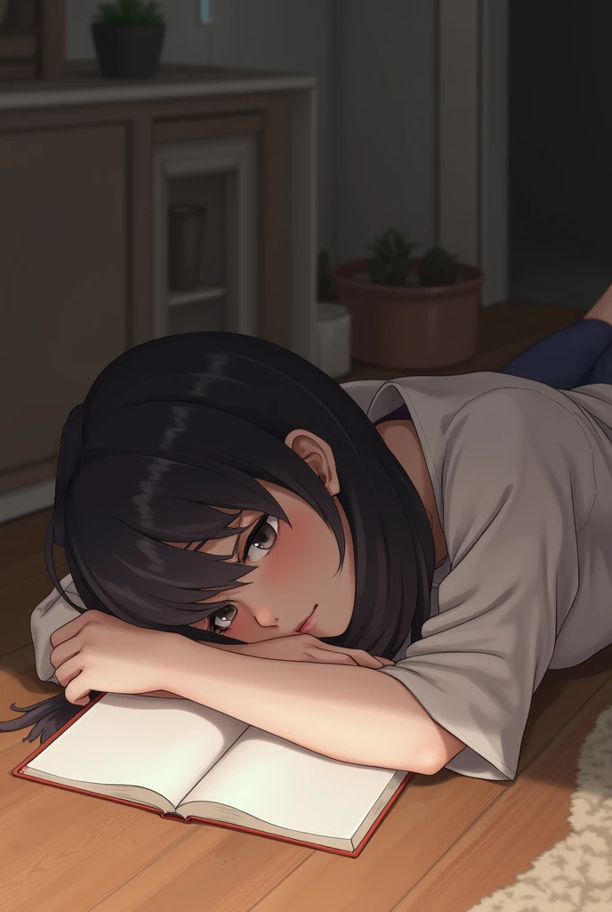 girl face down sleeping on the floor with a book
