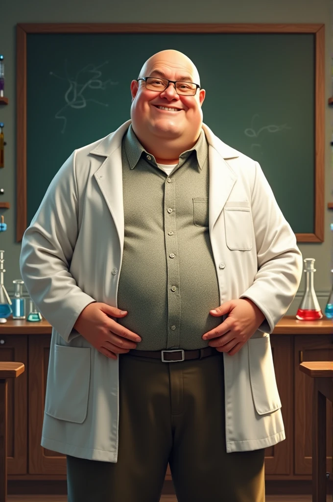 Bald chemistry teacher with a kind face and big belly