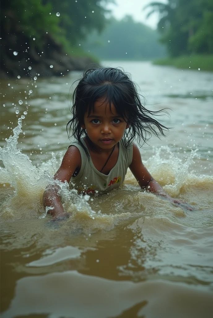 বন্যার পানিতে একটি ছোট মেয়ে পানিতে ডুবন্ত