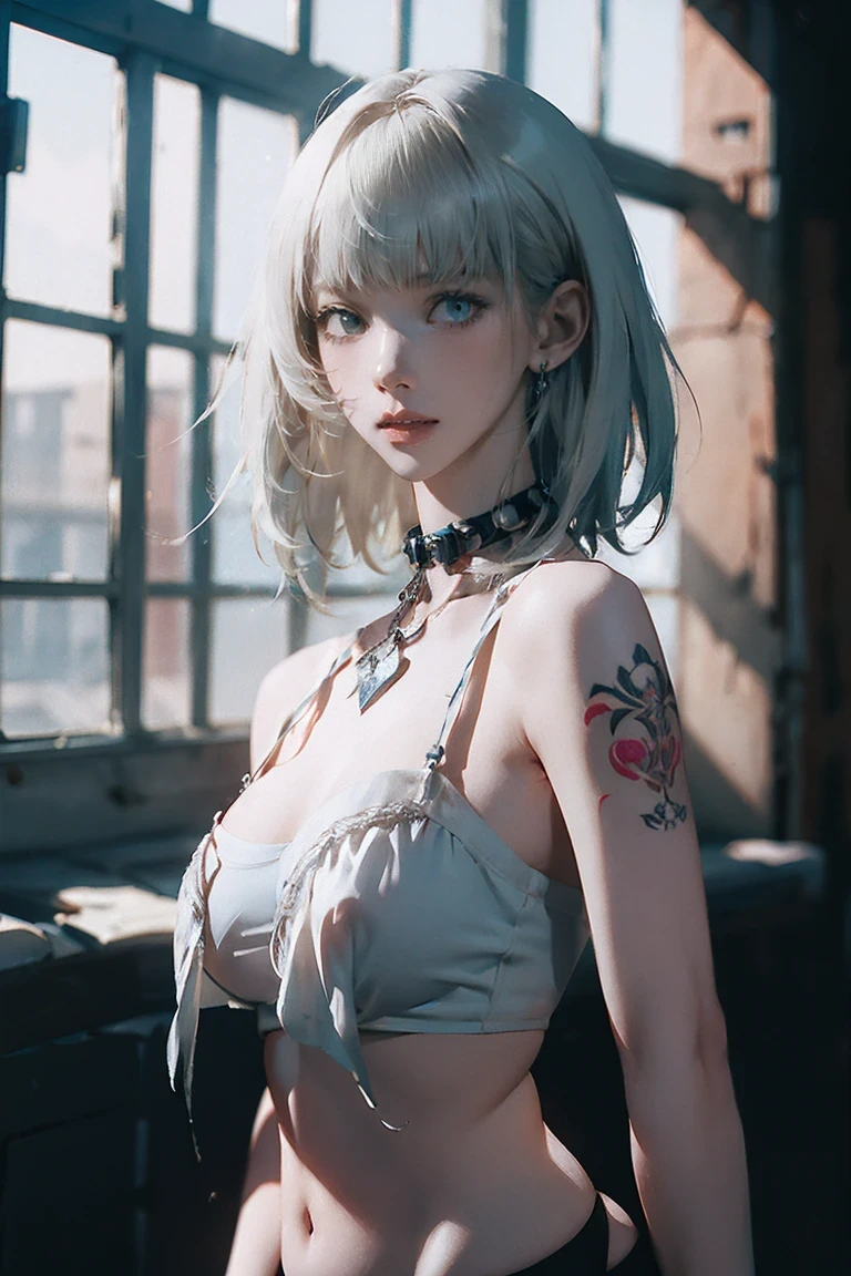 Short hair, white hair, white hair with blue tips, green eyes, small breasts, arms behind back, (((rope, bondage, shibari))), basement, casual clothes, dark clothes