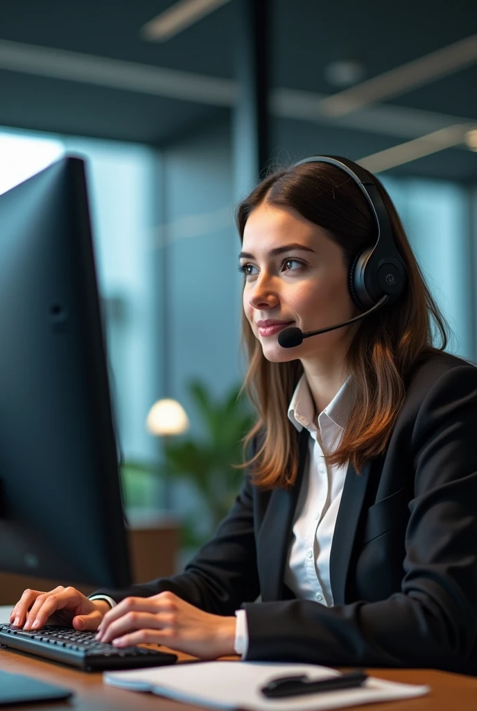 Take me a picture of a sales consultant at a desk next to her monitor with headphones and a microphone on her head.