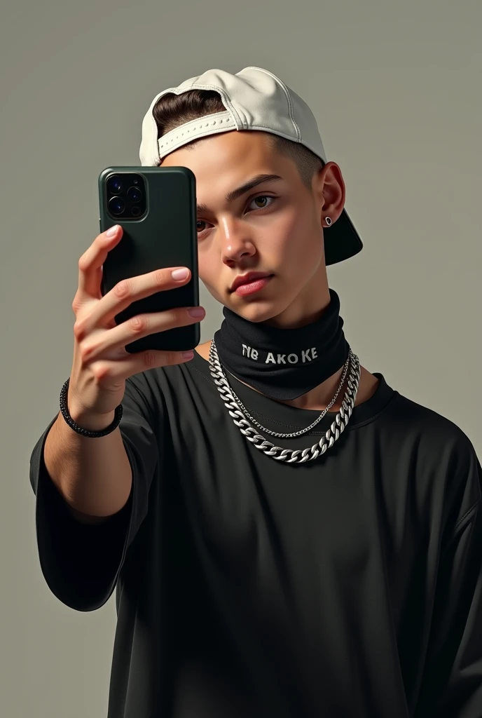 Realistic image of an 18-year-old taking a selfie with a cell phone, black shirt, silver chain, all white backwards cap, black bandana around the throat. shaven hair, and the cell phone covering the face.