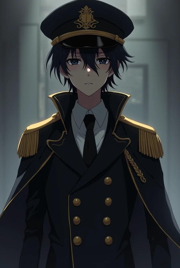 depressed captain anime with a black and gold Black Captain Jacket with a white shirt inside and a black tie and gold captain hat the face is covered with shadow and the Black gold Captain's Cloak hanging on the back