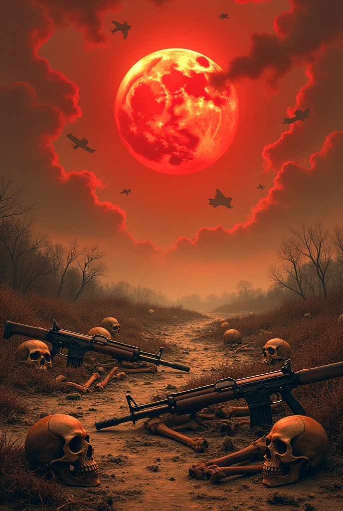 metal album cover about the remnants of civil war, the sky was red as blood, the soldiers from the battle were lying in pools of blood,many skulls, simple, square frame, skewed layout, the sky is even redder, have blood moon, the ground was bare and arid, without a single tree, showing signs of a high-altitude missile and bomber raid