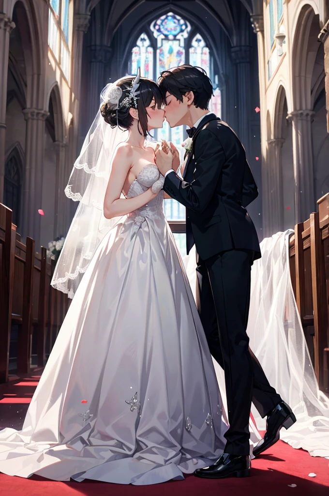 (masterpiece), 4K,{{{2 women}}}, Wedding dress,tuxedo,Lesbian,shoes,Random hairstyle,headgear, wedding,church,牧師の前で誓いのkiss,kiss,Angle from a distance