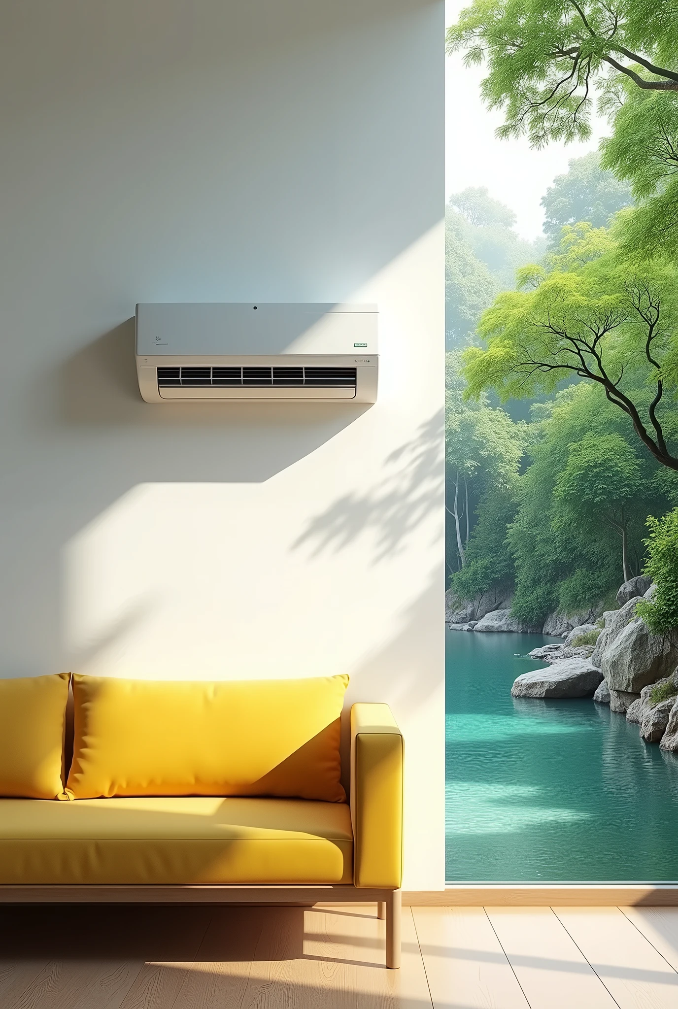 need a 9 by 9 photo with a plain white wall with a wall mount air conditioning with a yellow sofa and from right side of the photo which shows imaginary greenary, river and cool effect. picture should be half living room other half river and greenary
