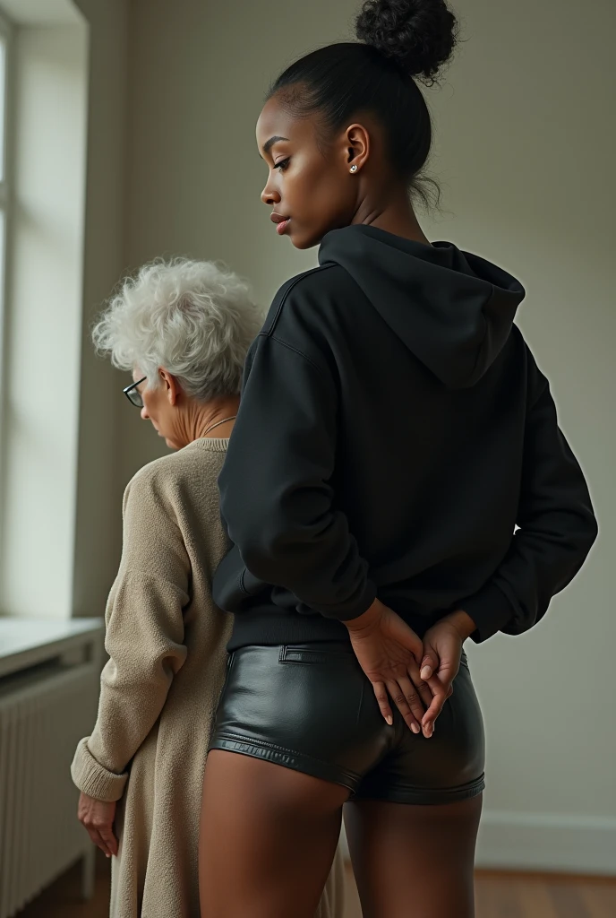 black woman hair in a bun black hoodie black leather short shorts a old grandma in a dress on her knees kissing her ass behind her hands on her butt