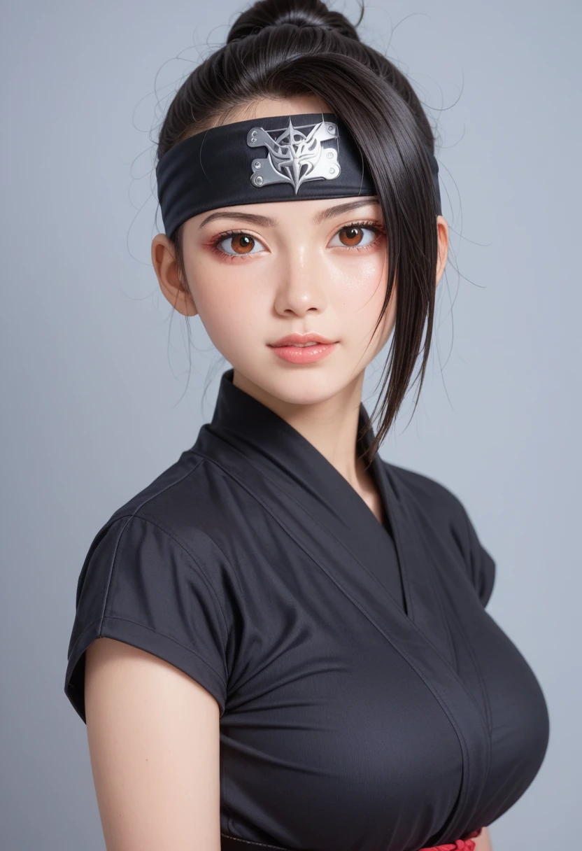 score_9,score_8_up,score_7_up,(pastel-color),(high brightness colors),Cute 20-year-old Japanese 1 girl,solo,(8k, masterpiece, ultra-detailed, best quality, ultra high res, newest, very aesthetic, absurdres, illustration, perfect composition),(hires),looking at viewer,black hair,shiny skin,fair skin,(upper body:1.5),toothless smilev,emphasizing her curvy body and large breasts,(ninja:1.5),(Seductive pose:1.5)