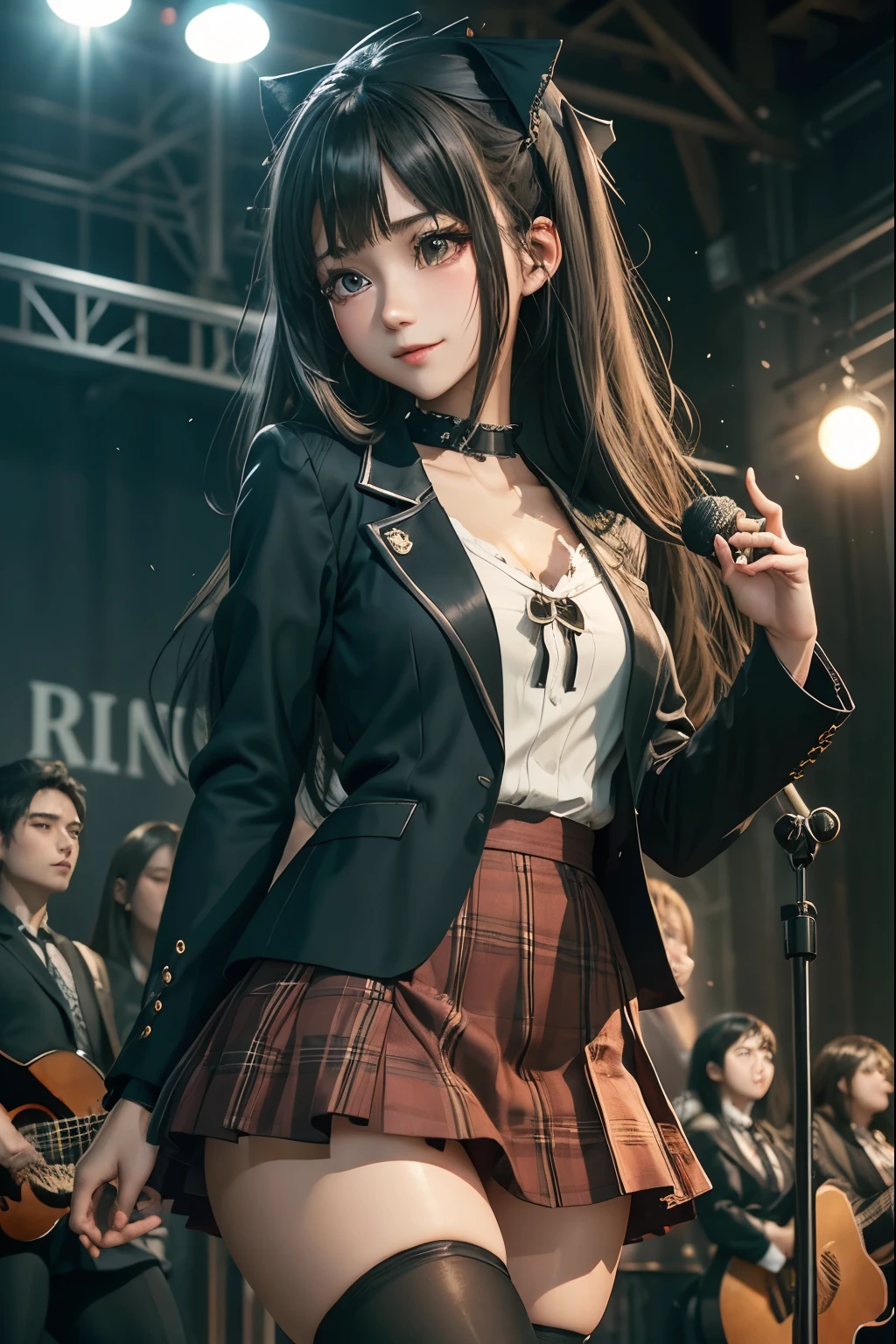 High school girl blazer、uniform、Red checked knee-length skirt、Long skirt、JK Style、Jacket、smile、Knee-high socks、Thigh-high socks、pantyhose、Extremely beautiful、Super cute、ennui、Rare Beauty、Dark black eyeshadow、sad、Skin radiance、Long Hair Straight Hair、Dark Gothic Makeup、Dark Smile、Fragrant beauty、Stained glass background、masterpiece、Highest quality、See 5 books、Sweat glistening on my chest、Sweat glistening on the face、Small breasts、2、Slightly slim、Mysterious look、Sad look、Mysterious Gothic Church、enchanting castle、Excessive sweating all over the body、Thighsに大量の汗と光、光沢のあるThighs、Thighs、Thighsに大量の汗が光る、sweat profusely、Gal、Small breasts、Japanese face、Captivating look、細いThighs、play the guitar、I have a guitar、Enthusiastic singing、バンドでplay the guitar、Playing guitar chords、Background of the live music venue、Sing a song、Open your mouth、Scenery of a live music venue、Mike stand、Glamorous live stage、Dynamic Angles、Vivid straight long hair、delicate straight hair、