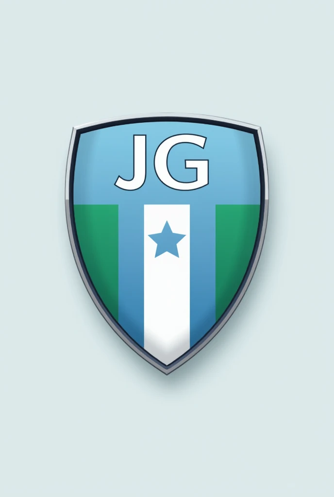 Can you create a football shield for me with 3 stripes inside it that are light blue, white and green that has the initials JG and has a star above it? 