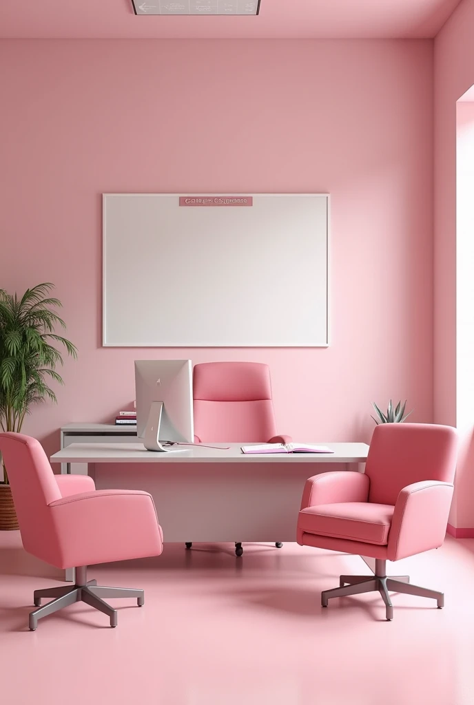 (photorealism:1.2) Empty pink school principal office. The main desk has a desktop computer on the left side and it has a big pink chair behind it and two smaller pink leather chairs in front of it facing the main desk. There's a files furniture on the right side of the deck, right by the right wall there is a pink couch, There's a big sign that reads "Colegio Coquetas" on the wall behind the school principal's main desk.