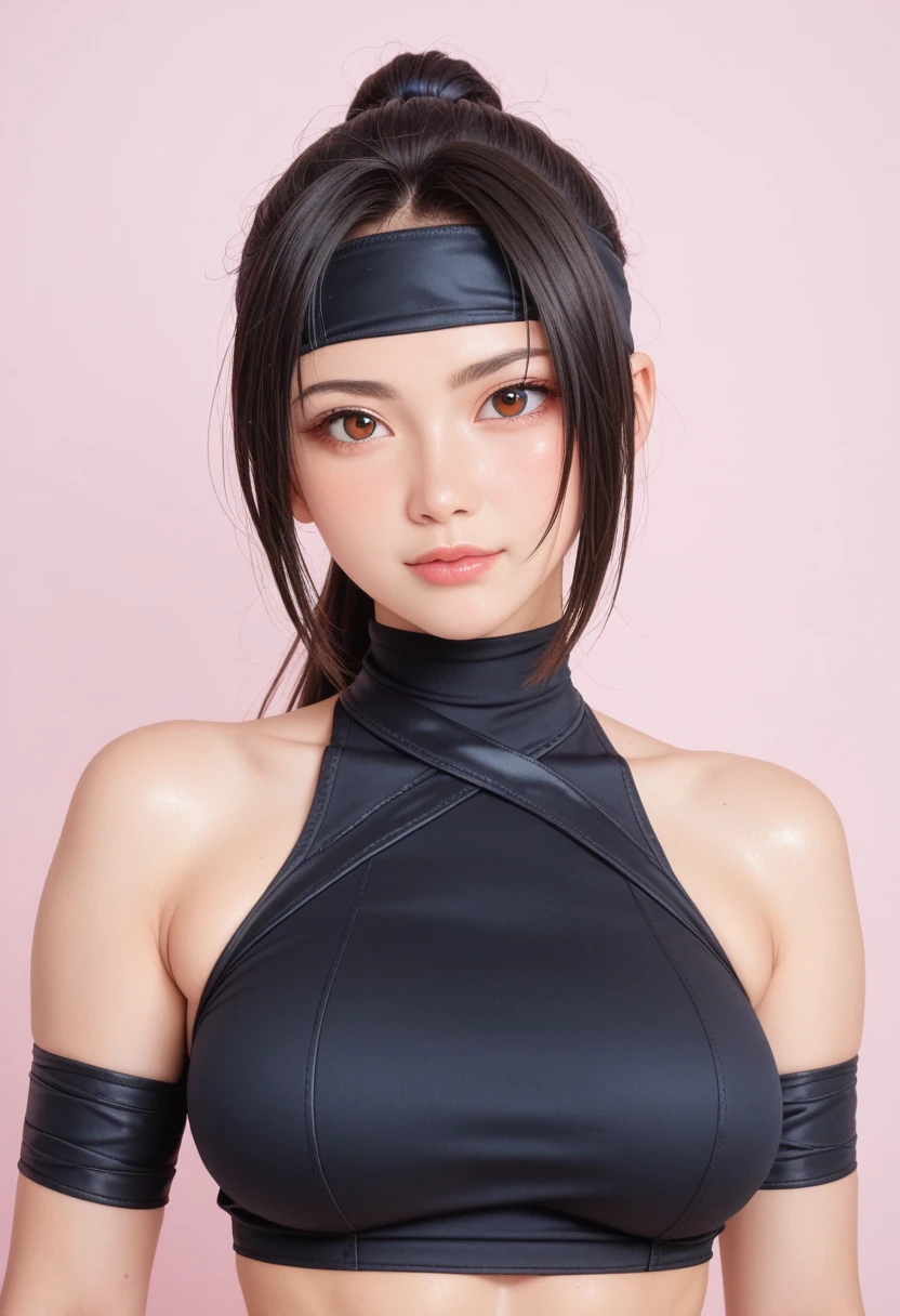 ((Ninja 1.3)),After the battle,(Torn Costume),Photo Real, whole body,mask, or period,Background Sen, Highest quality, Ultra-high resolution, depth, pastel colour, Natural Shading、Long Hair, Black Hair, Brown, narrow eyes, Black Dress, gloves, Anatomically correct,night,city