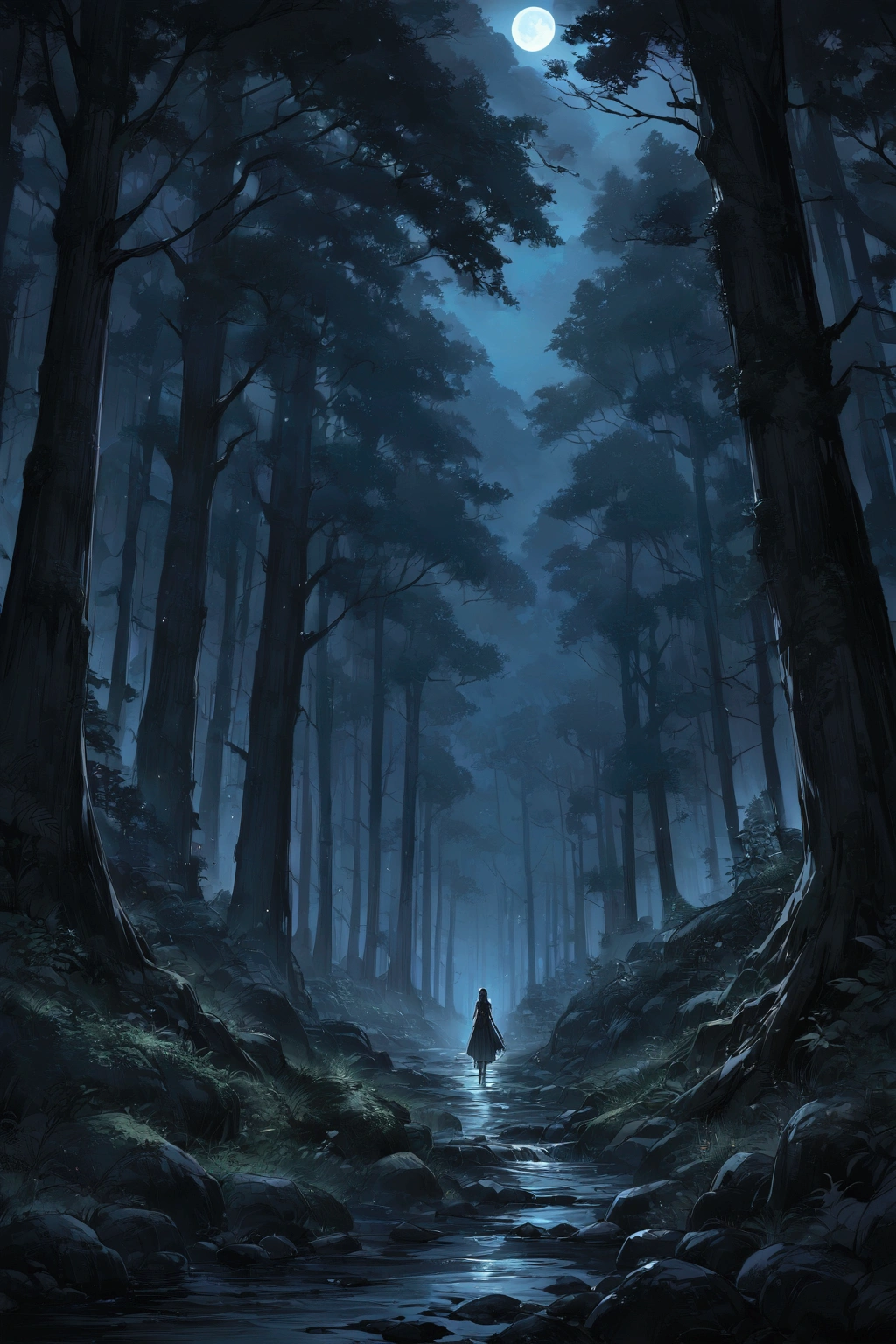 ((forest)) ((dark)) trees, (anime landscape), ((at night)), dark atmosphere,