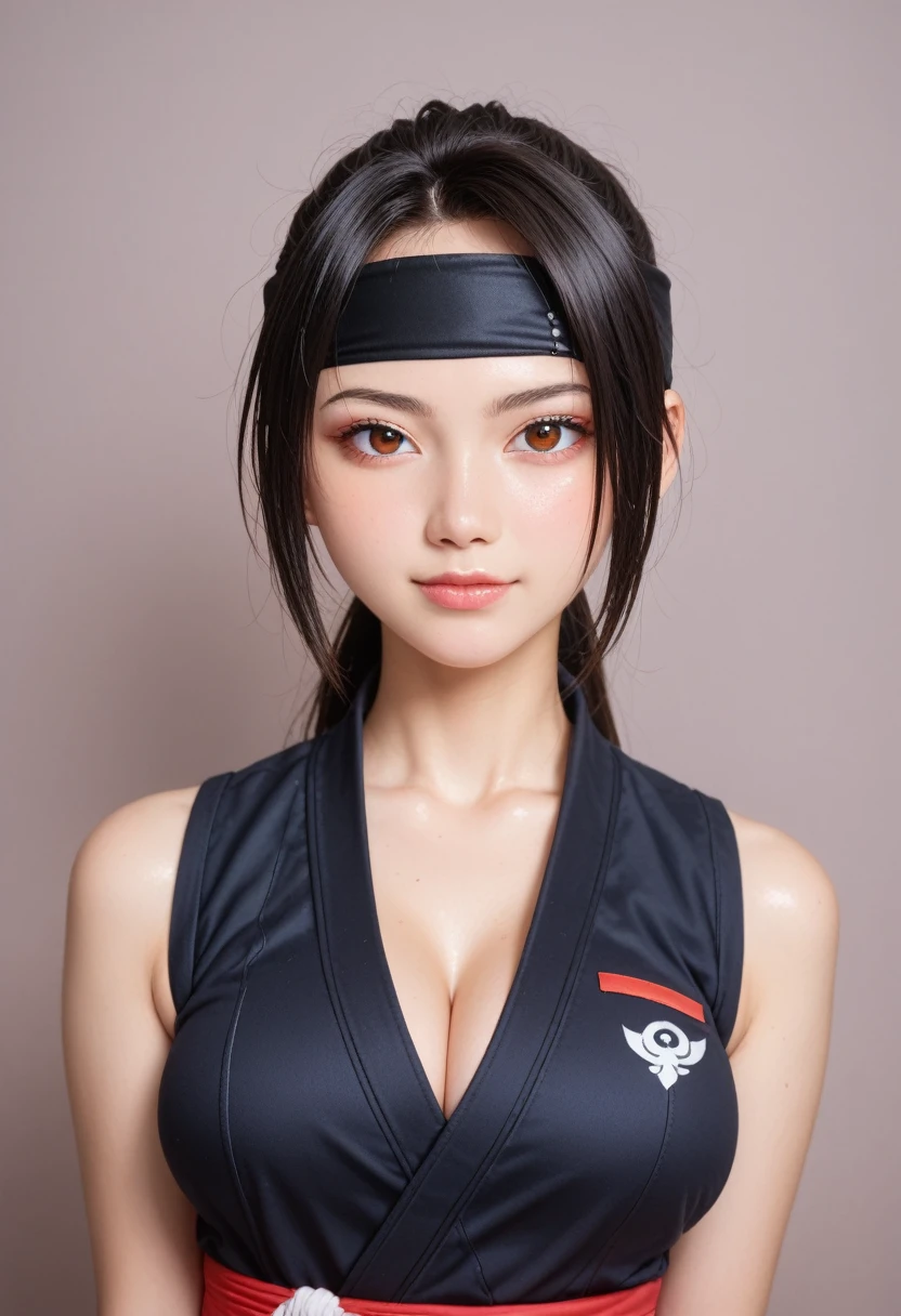 score_9,score_8_up,score_7_up,(pastel-color),(high brightness colors),Cute 20-year-old Japanese 1 girl,solo,(8k, masterpiece, ultra-detailed, best quality, ultra high res, newest, very aesthetic, absurdres, illustration, perfect composition),(hires),looking at viewer,black hair,shiny skin,fair skin,(upper body:1.5),toothless smilev,emphasizing her curvy body and large breasts,(ninja:1.5),(Seductive pose:1.5)