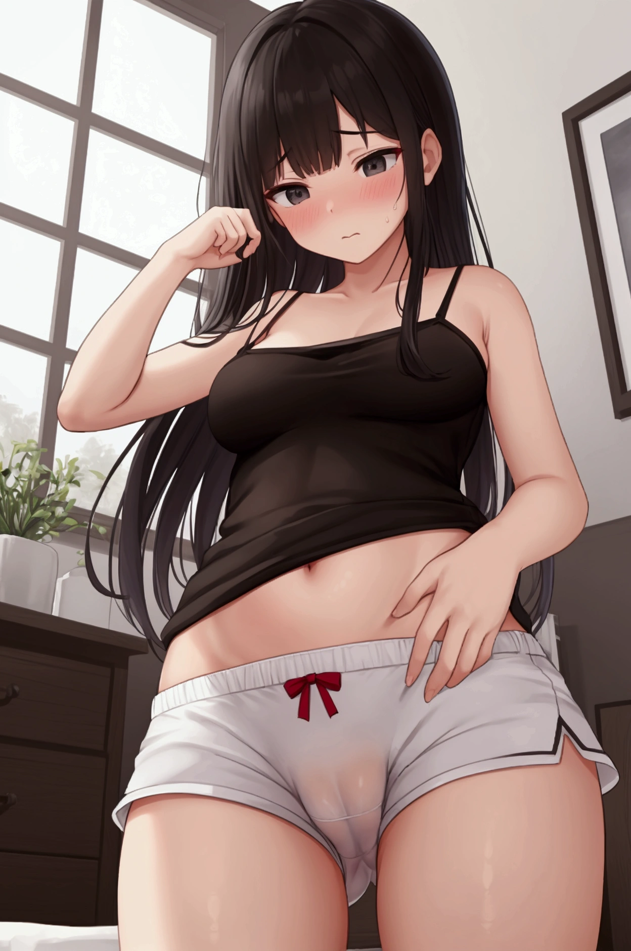 smaller, younger, Sweet Teenager, Shy, embarrased, camisole, very tight white sleep shorts which makes her cameltoe very visible, abdomen, Shanks (dark-black hair) Bedroom, Stand , you can see that she is very horny and lightly touches her breasts , white shorts , she has her hand in her panties and is rubbing herself, sabbert stark