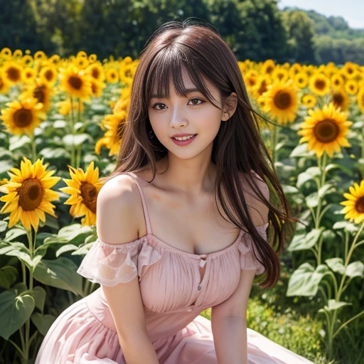 laughing out loud,(knee shot) ,In a field of sunflower flowers,Wearing a gauze skirt dress,elegant,Fresh and unearthly,off shoulder dress,Pink dress,Elegant,1 female, On the face, light brown hair, blunt bangs, hair behind ears, Shoulder-length hair, long hair, Slender body type, 超face slimming型, face slimming, delicate lips, beautiful eyes, Thin blush, Eyes are light brown,View here, (actual:1.3), One person's perspective, 8k, Super detailed, high quality, best quality, High resolution, ,Large Breasts,wear a H cup, 3,above knee shot