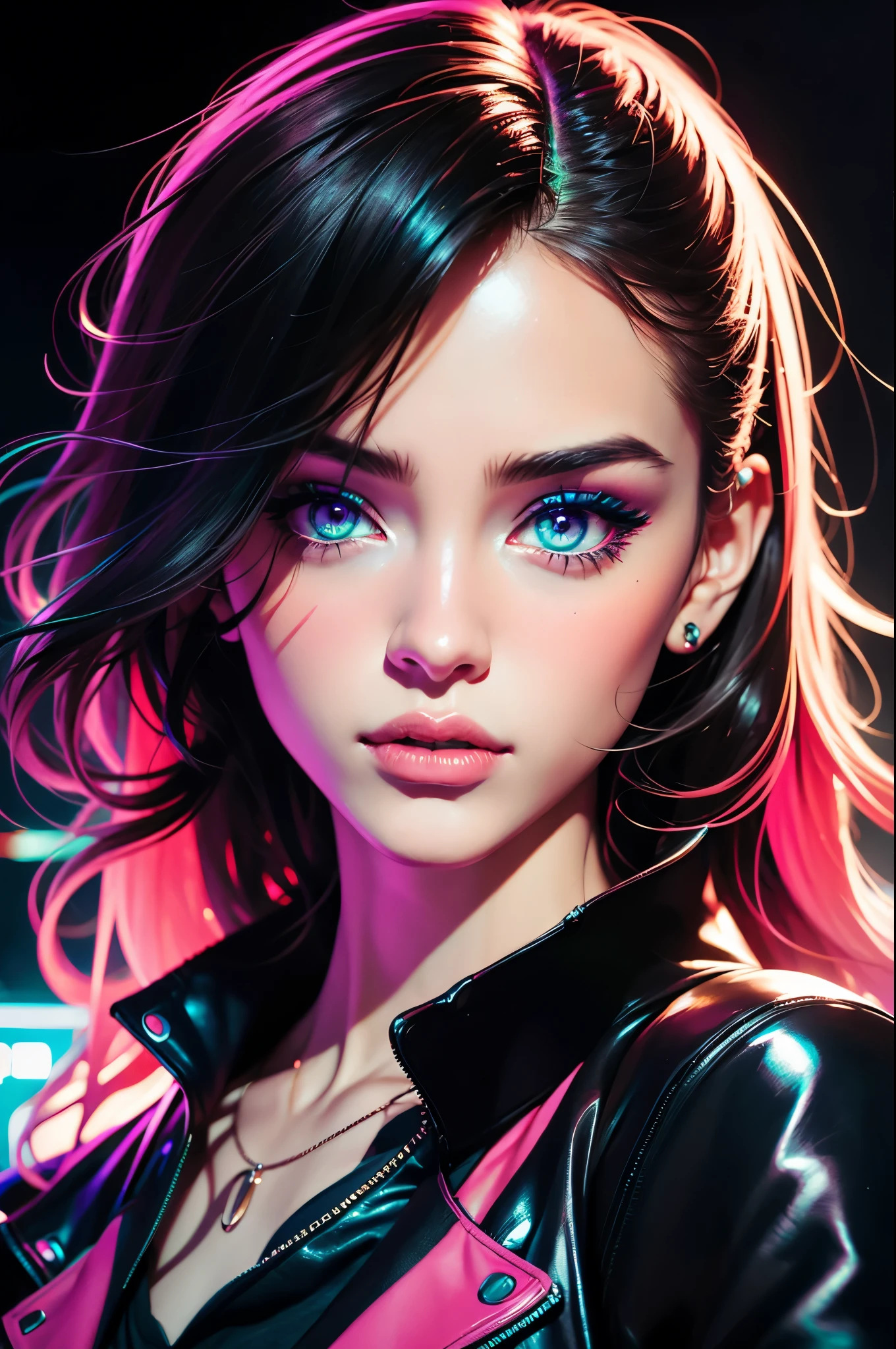 fashion portrait color photograph, woman, neon lights