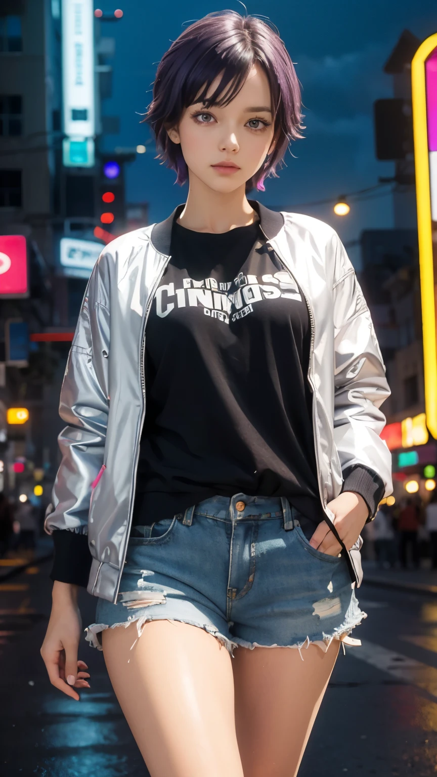 (masterpiece, highest quality, high resolution, 8k:1.2), highly detailed face, detailed CG,purple hair, purple eyes,short hair,big breasts,
(Silver jacket, T-shirt, shorts, cyberpunk style, night city, neon lights:1.2), stylish pose, stylish angle, looking at the viewer, in the center of the image,cowboy shot, detailed eyes, symmetrical eyes,

