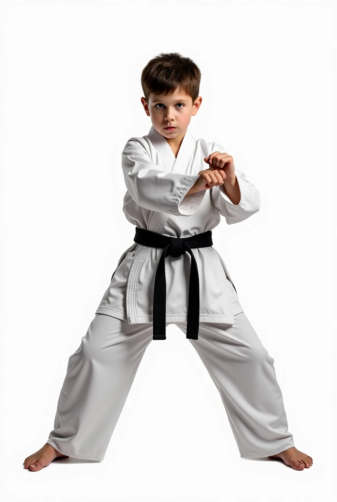 boy in karate costume on white background