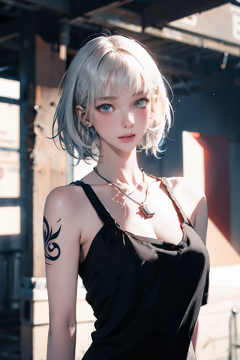 ((woman with tattoo on chest)), girl, Short white hair with bangs, Black strands of hair, Purple eyes, White T-shirt and panties, Pendant around the neck. Natural and beautiful standing posture, Crisp and realistic body detail. 超High resolution.Photorealistic:1.4,超High resolution. Realistic,High resolutionで, masterpiece, Highest quality, Very detailed, Better Shadows, Volumetric lighting), super high quality, High resolution, 8k, Ultra-Realistic Portraits , Photorealistic, Dynamic Lighting, Volumetric lighting, Very detailed顔,(NSFW:0.9),Large Breasts,