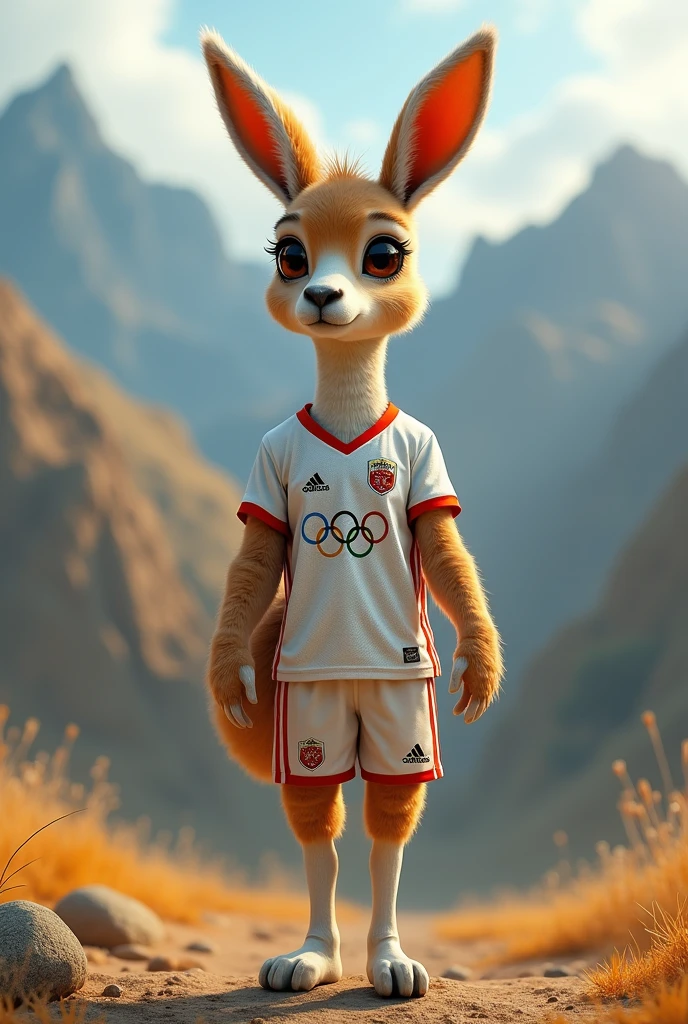 Female vicuña, Olympic mascot, with a slightly small football shirt,full body but small