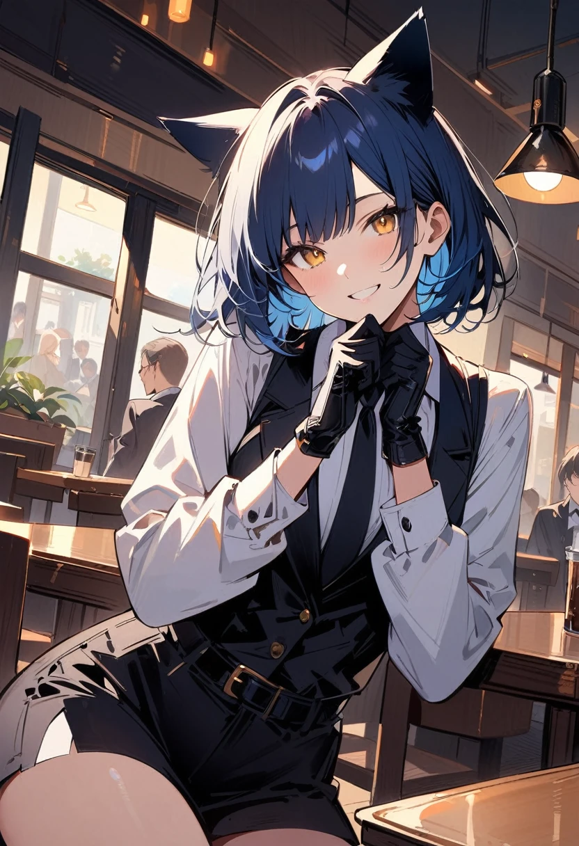 masterpiece, best quality, absurdres, score_9, score_8_up, score_7_up, source_anime, 1girl, yellow eyes, room, wariza, medium hair, pixie bob haircut, navy blue hair, happy face, portrait, blazer, starshadowmagician, solo, Adult woman, best perfect ???????, Pose with hands tucked behind ears, Cheek resting on hand, cafe, indoors, window, crowd, sitting, steam, looking at viewer, cat ears headband, white shirt, black tie, format black vest, Long-sleeved shirt, white format gloves, black trousers, dynamic angle. perfect dynamic composition, upper body, smile, Shooting up close, Shooting from the side, hanging light, ceiling light, potted plant,