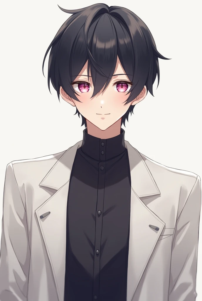 Create a Young Male, dark haired and pink eyed, with a calm and beautiful expression. He is wearing a white jacket with a dark shirt. Make it in 2D anime style drawing