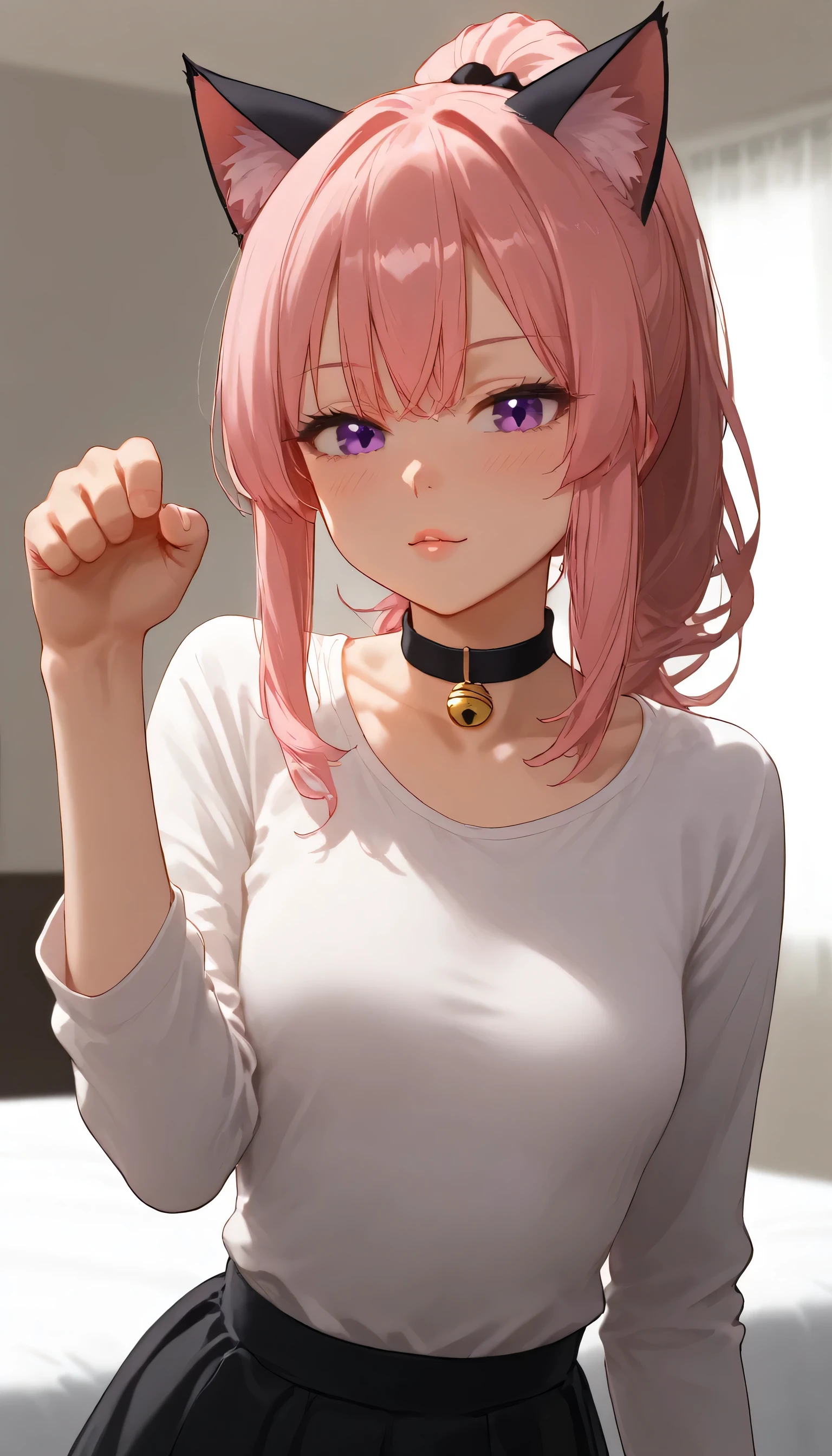 shiny skin, 1girl, ponytail hairstyle, parted lips, black skirt, ((purple eyes, beautiful detailed eyes, (cat pulils)), blush, breasts, shirt, small breasts, solo, looking at viewer, pink hair, long pink hair, white shirt, closed mouth, long sleeves, long straight hair, collarbone, kemonomimi, cat ears, pink cat ears, cat choker, black cat choker, bangs, paw pose,